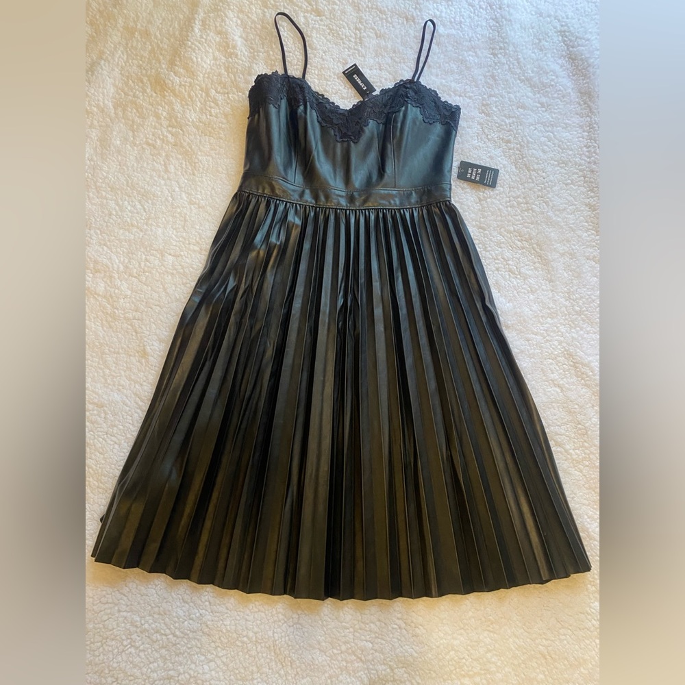 NWT Black faux Leather Express Pleated Dress size medium